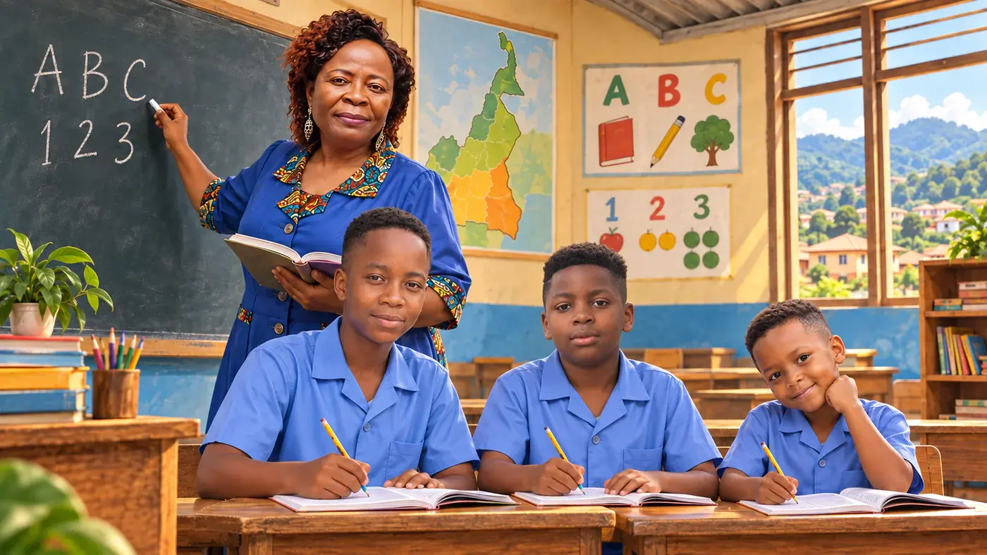 Teacher Agnes welcoming children into a joyful classroom inspired by her school in Nghomgham, Cameroon